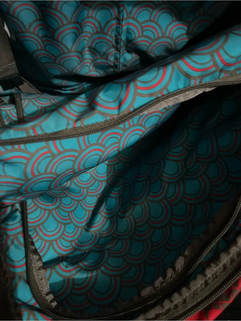 Harajuku Lovers Red Floral Rolling Travel Tote with Teal Accents